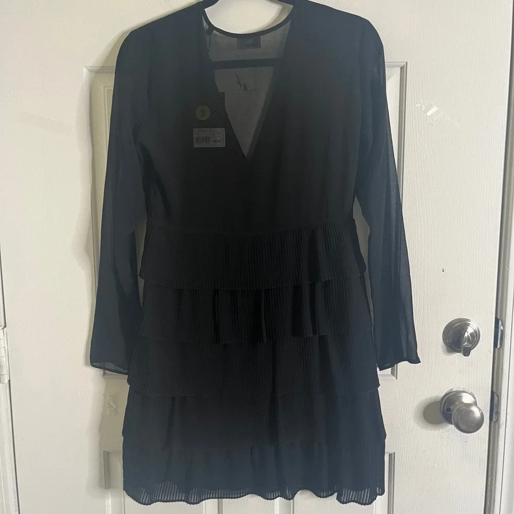 New The Kooples Pleated Tiered Mini Dress FR 1/ US Small Goth Dark Romantic LBD - Picture 9 of 14